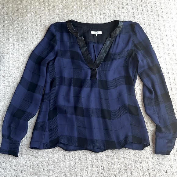 Parker Tops - Parker navy silk shirt with black leather trim. Size XS.